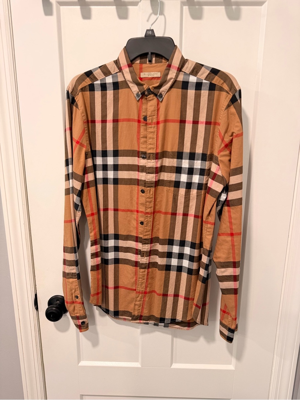 Burberry Tan Plaid Button-Down Shirt with Black & White Stripes